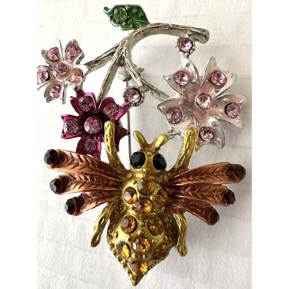 Crystal Rhinestone Flower Bee Brooch Pin Yellow Pink Silver-Tone 1-5/8” x 2-1/8” - Picture 2 of 9